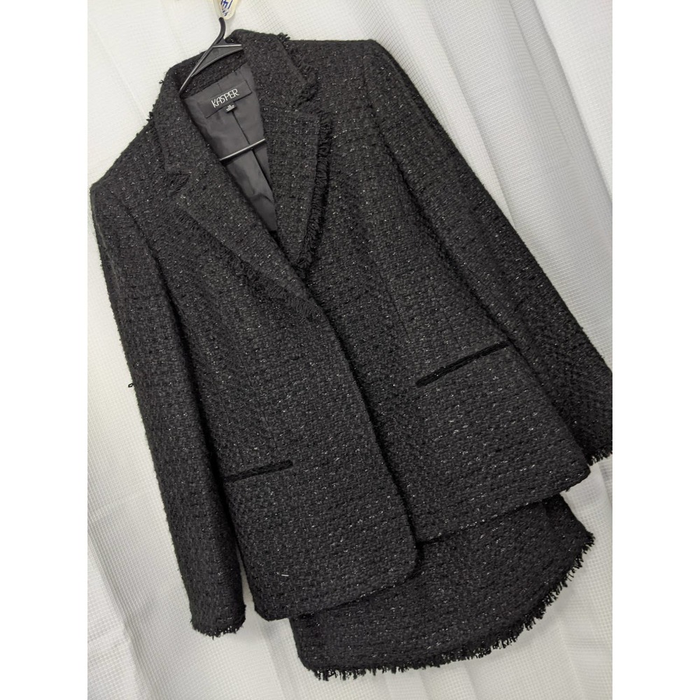 NWOT! KASPER! BLACK W/METALLIC NUBBY TWEED SUIT; CHANEL-STYLE! SZ 10